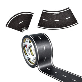 PlayTape road tape laid out on living room floor to create a realistic asphalt road for toy cars.