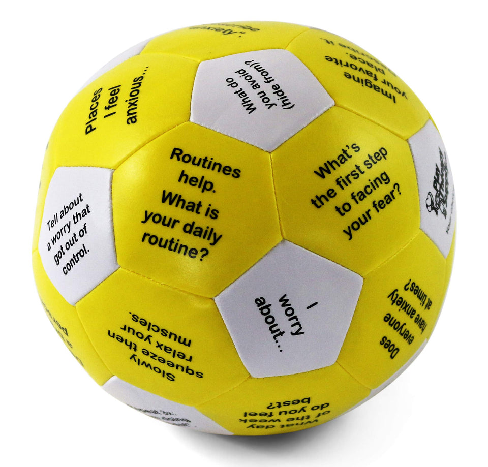 PlayTherapySupply Anxiety Thumball ball prompts engage participants in coping skills practice.