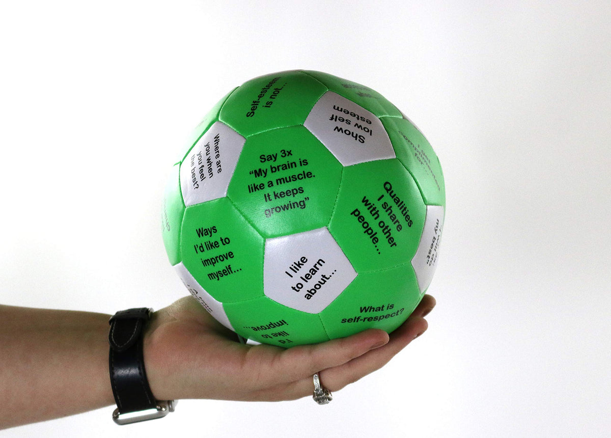 PlayTherapySupply Self Esteem Thumball close-up showing prompts for reflection.