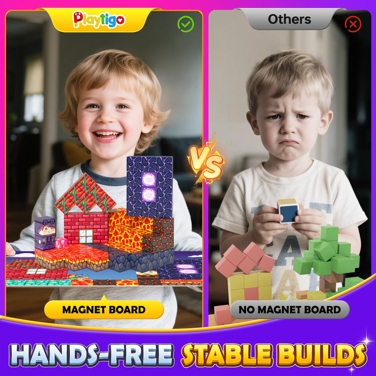 Playtigo 154PCS magnetic blocks with mine board enable larger, stable builds.