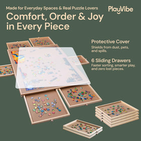 PlayVibe puzzle table shows six drawers for easy storage during long puzzles
