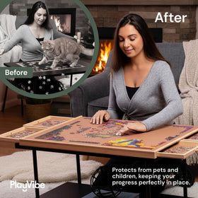 Cozy winter game night setup with the PlayVibe puzzle board