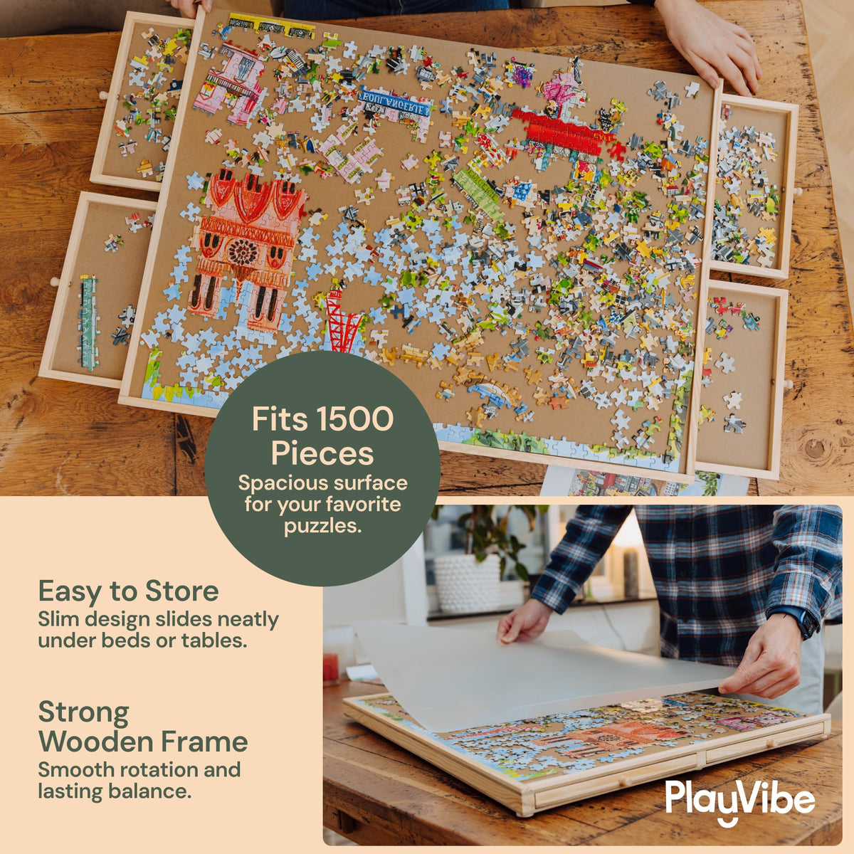 PlayVibe wooden puzzle tray with smooth design for seamless piece placement