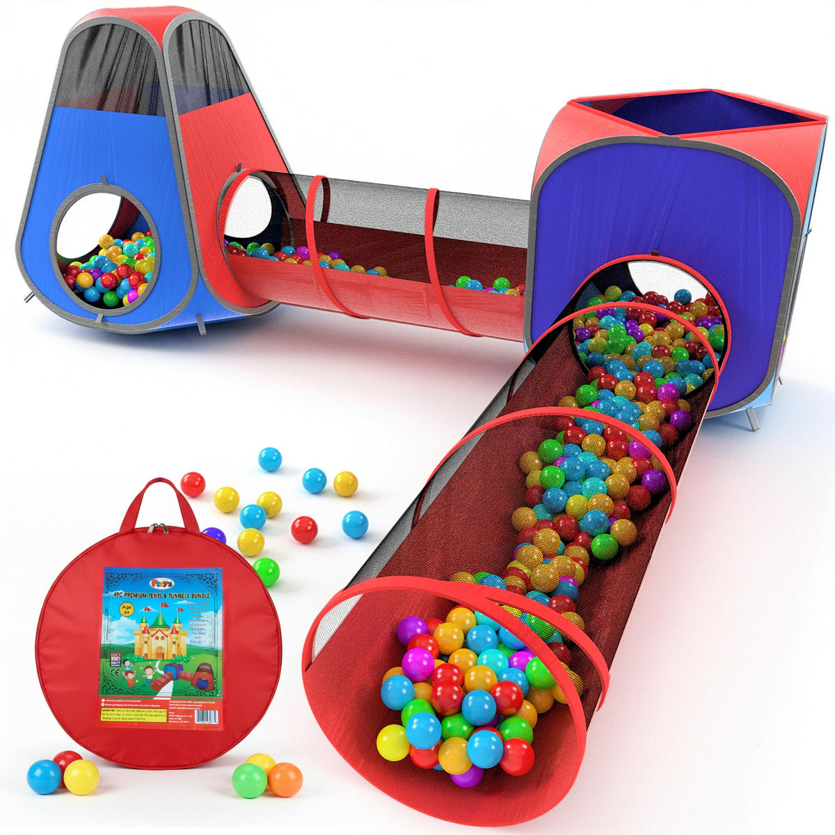 Playz 4pc pop-up tent and tunnel bundle – quick indoor assembly for kids.