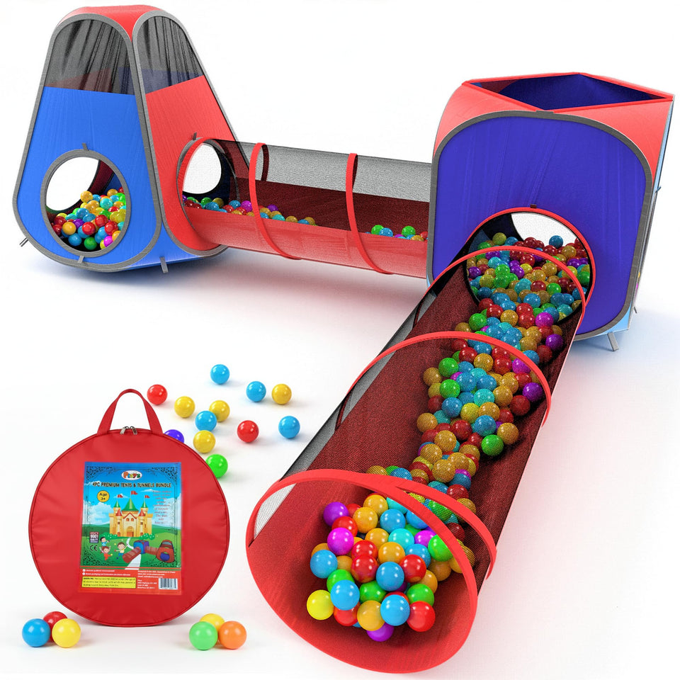 Playz 4pc pop-up tent and tunnel bundle – quick indoor assembly for kids.