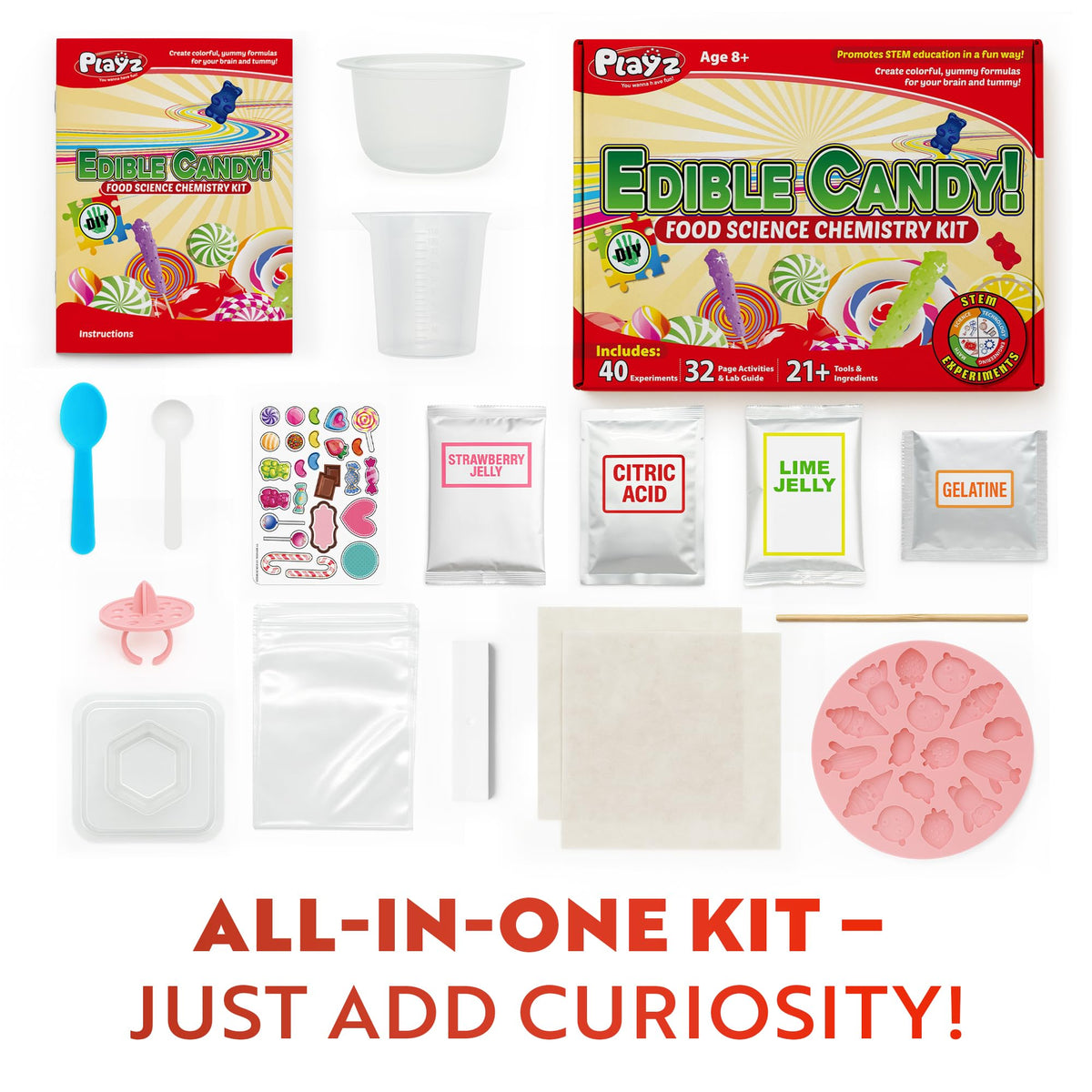 Playz chocolate molding kit close-up showing glossy chocolates and safe kitchen tools.