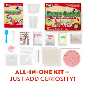 Playz chocolate molding kit close-up showing glossy chocolates and safe kitchen tools.