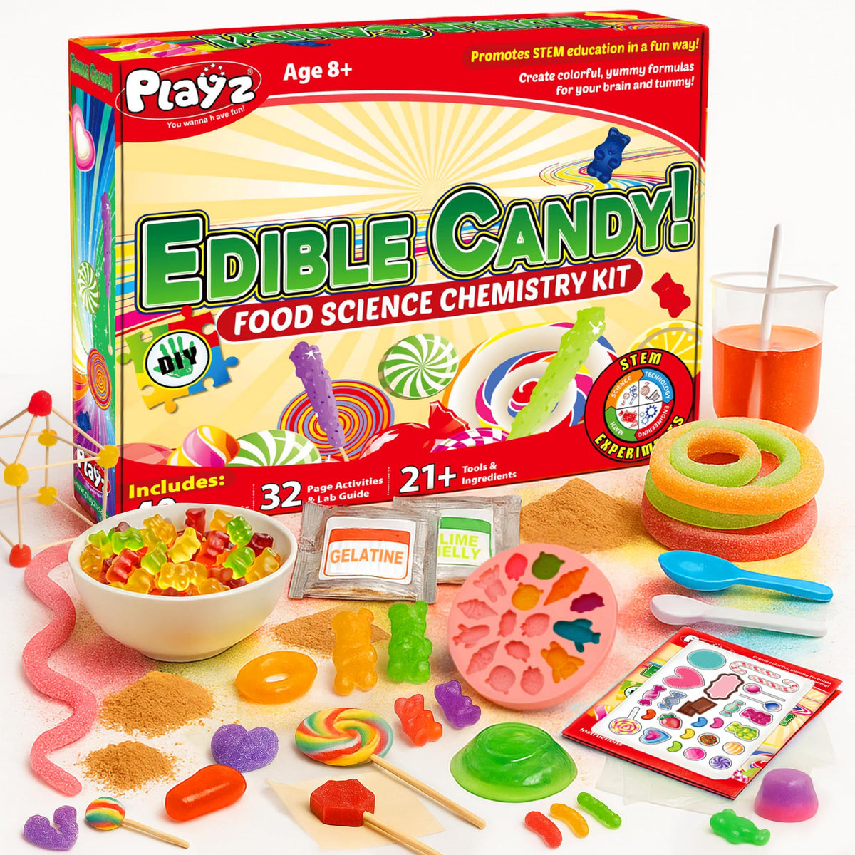 Playz Edible Candy Making Science Kit setup with kid-friendly tools for hands-on candy science.