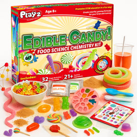 Playz Edible Candy Making Science Kit setup with kid-friendly tools for hands-on candy science.