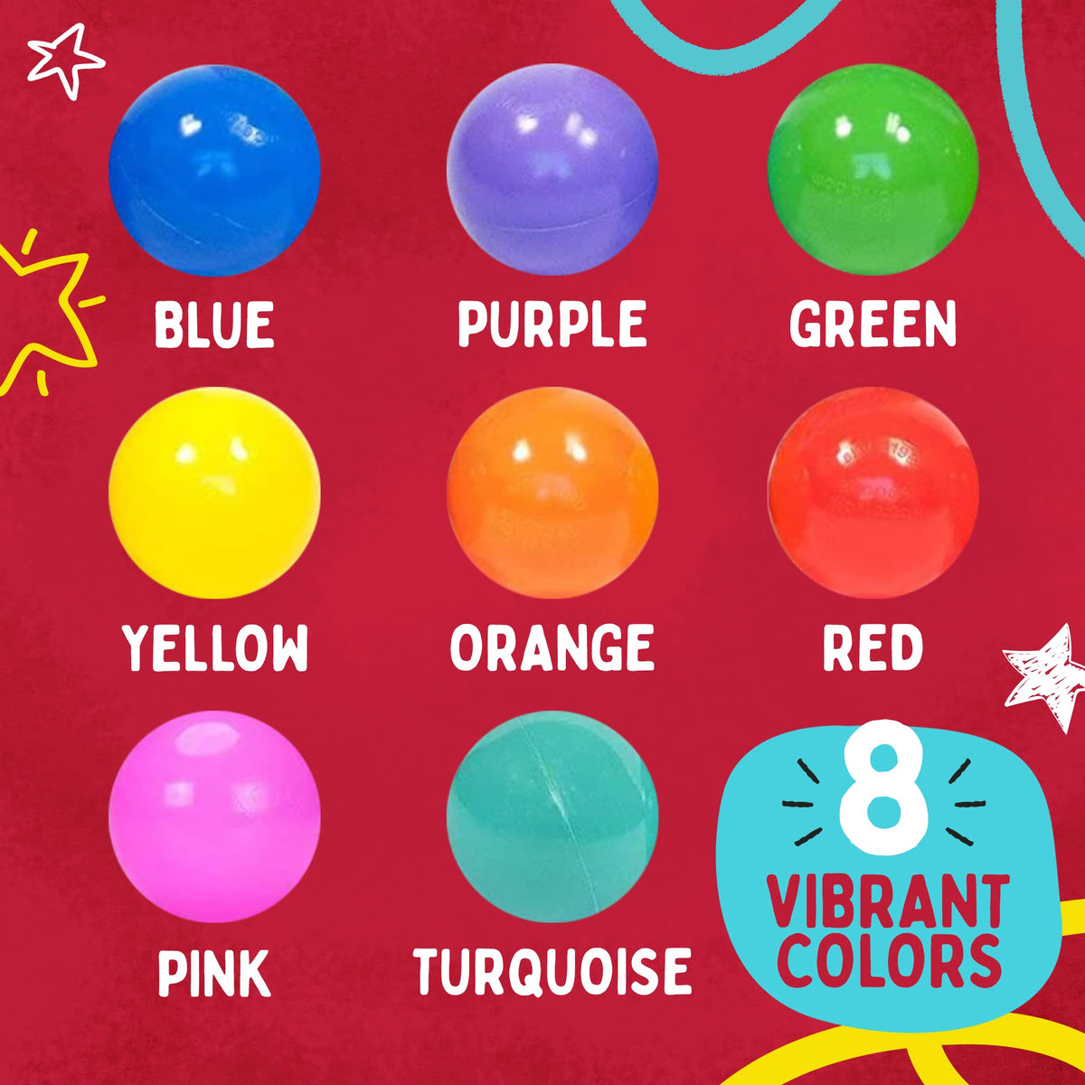 Playz eight-color ball pit balls arranged for vivid visual play