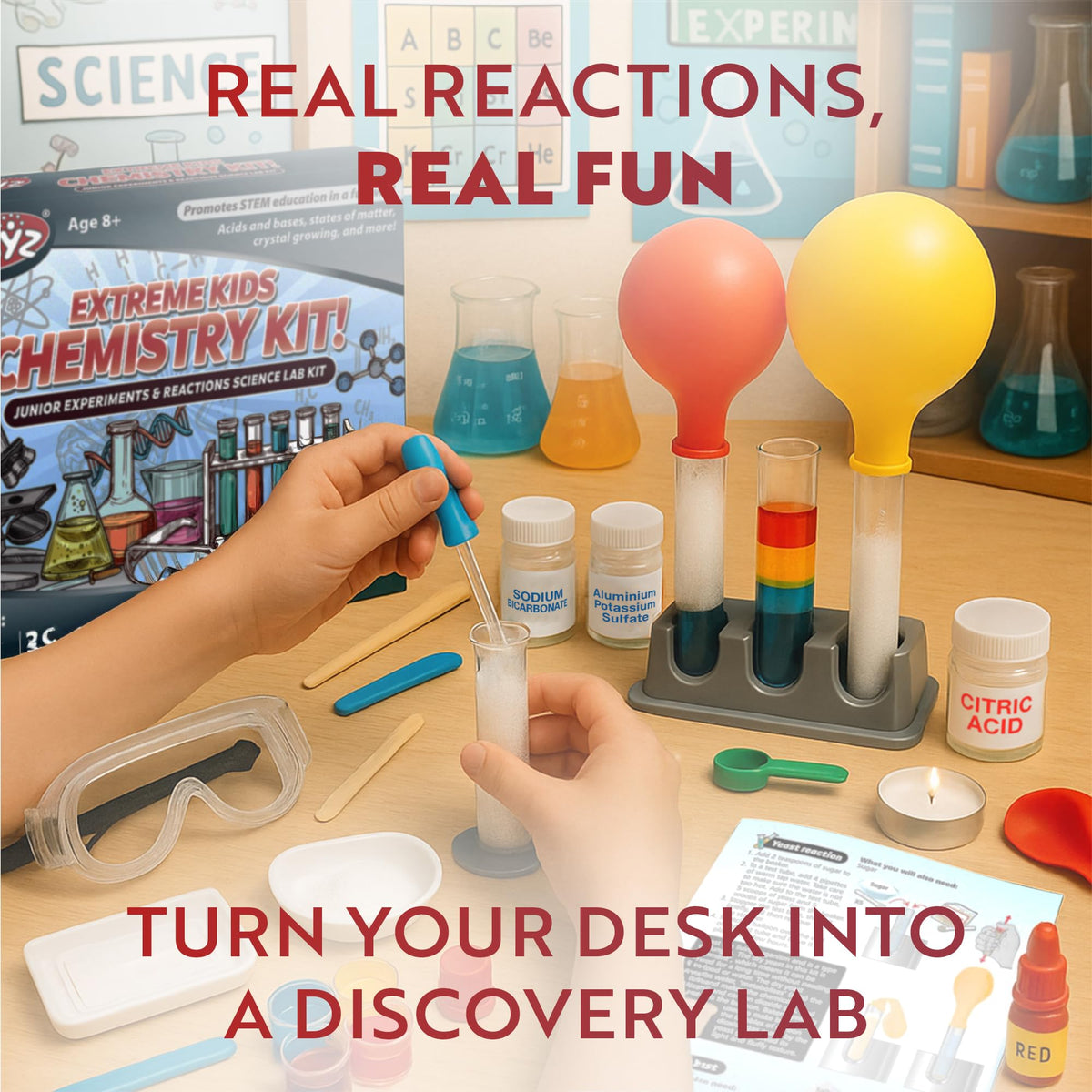 Playz Extreme Chemistry Set color-dense test-tube stacks boost visual learning