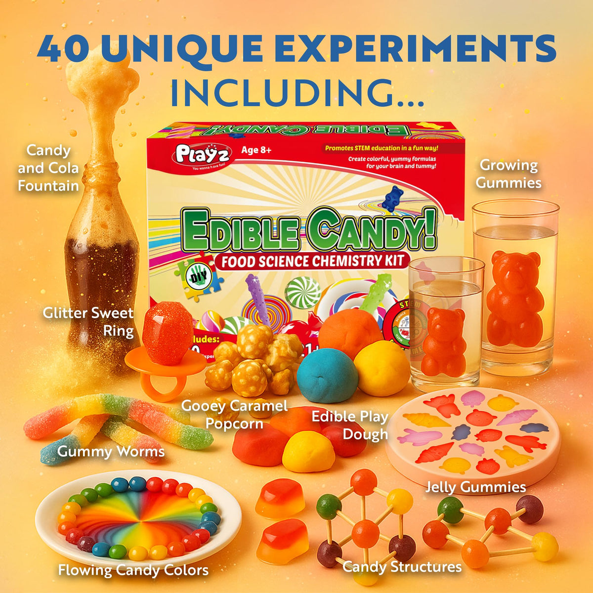 Playz gummy candy mixing setup with color dyes and kid-friendly cups.