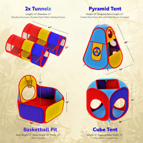 Playz crawl tunnels and pop-up hut forming a playful obstacle course.