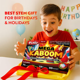 Playz Mega Kaboom gift-unboxing photo conveying perfect educational gift appeal for kids.