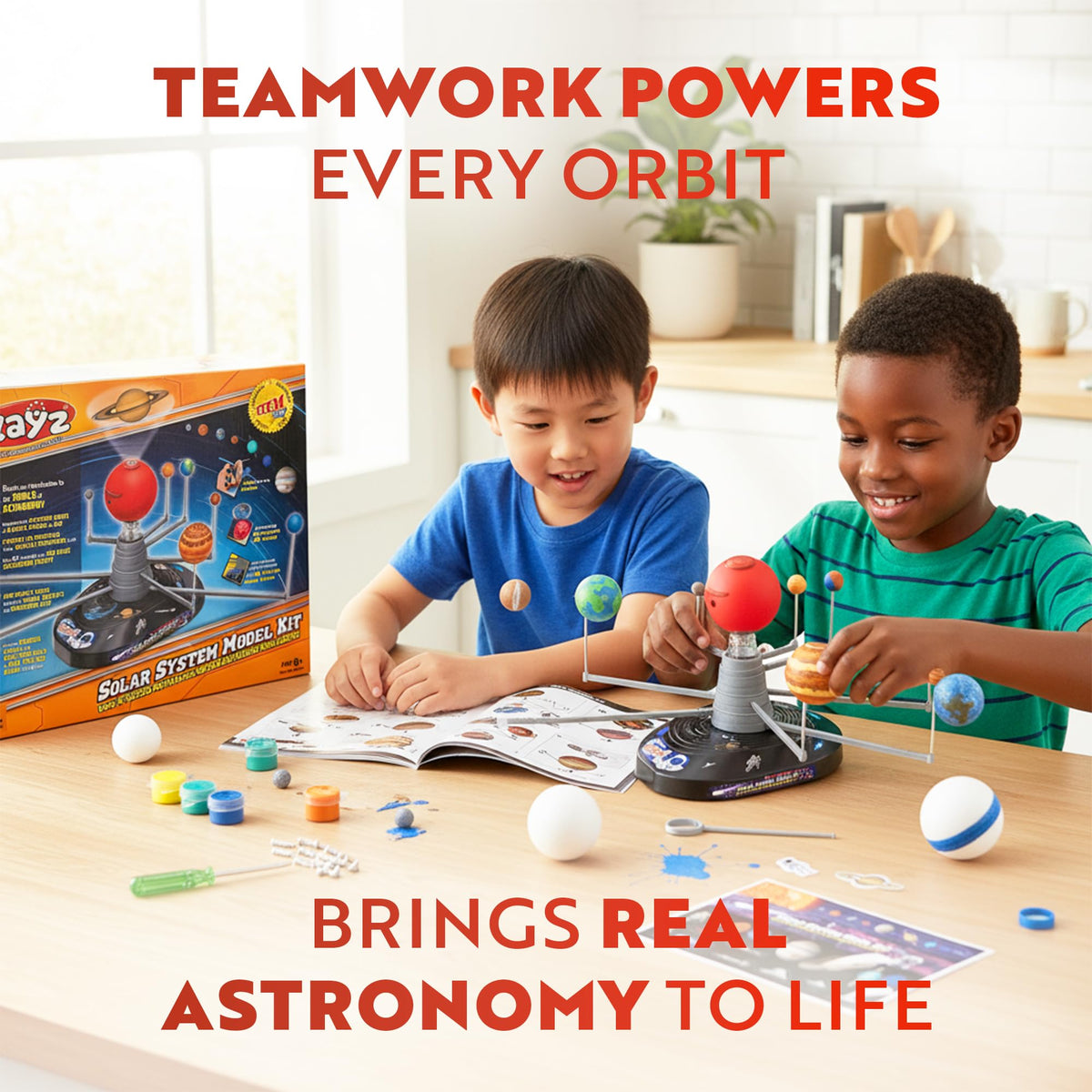Playz paint set and foam balls enable planet painting for creative science projects.