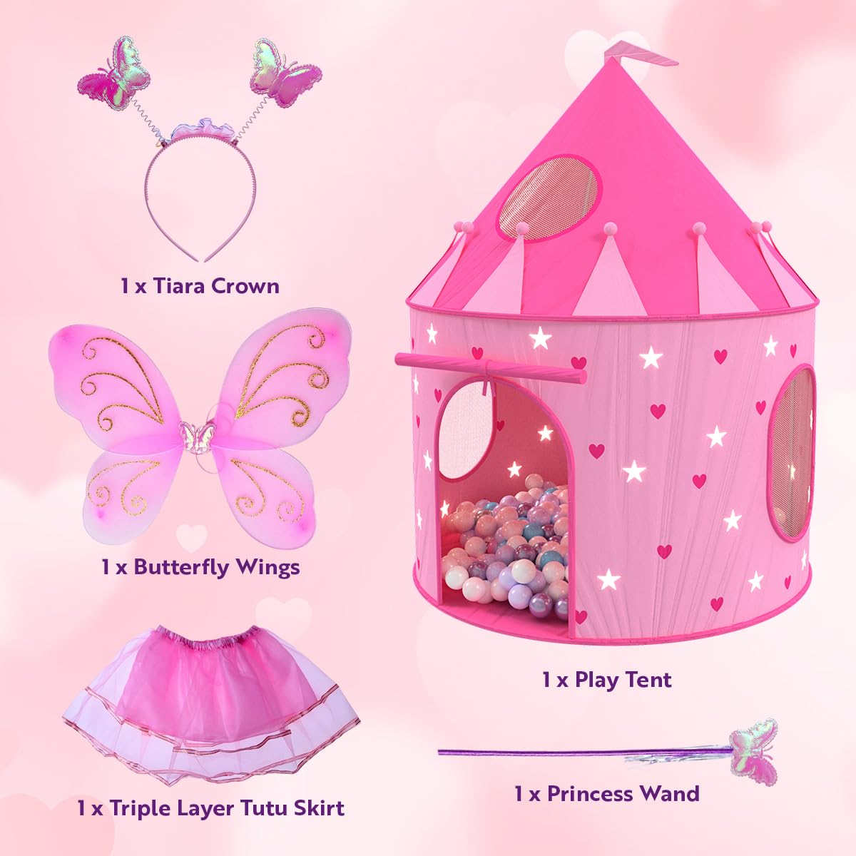 Playz Princess Castle Tent with glow-in-the-dark stars for indoor play