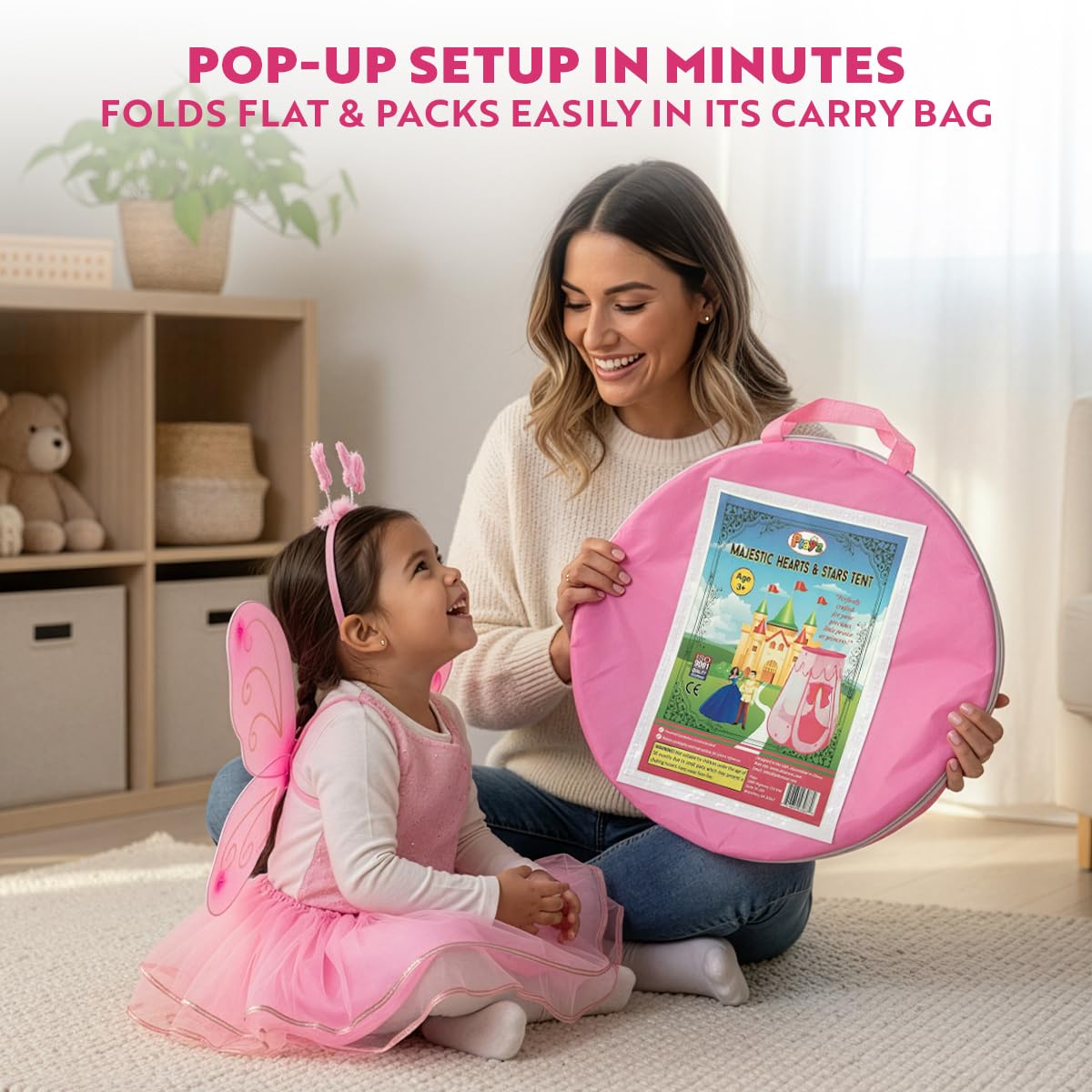 Playz pink tent made with soft fabric and breathable mesh for safety