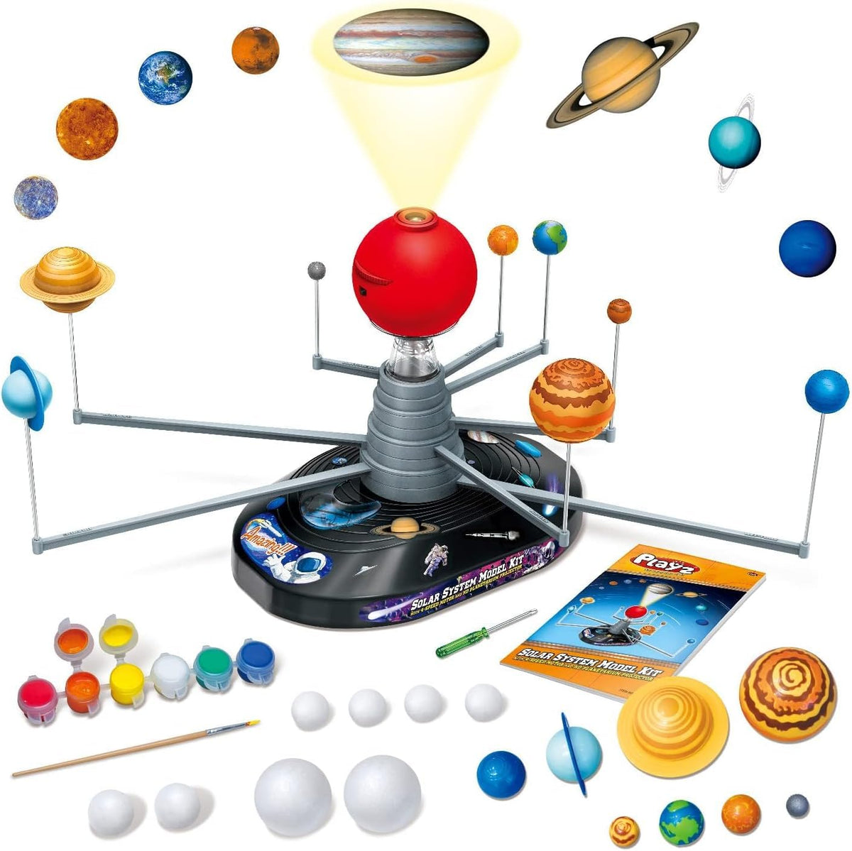 Playz solar system model kit assembly showcases the large display for hands-on STEM learning.