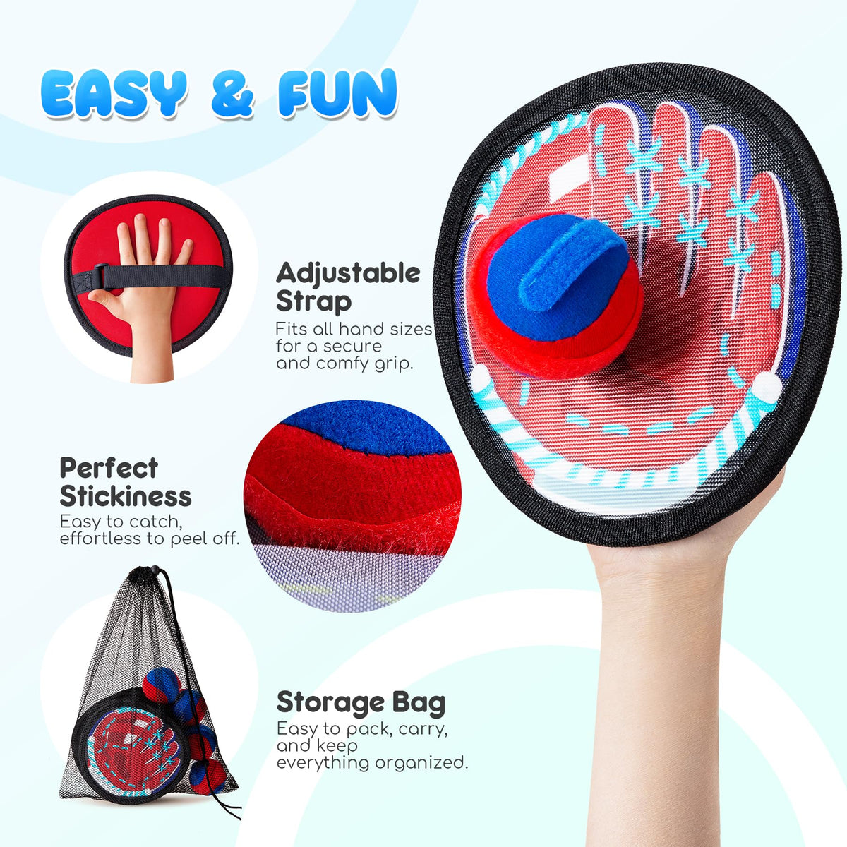 Soft-front-panel paddles with fabric back for comfy tosses.
