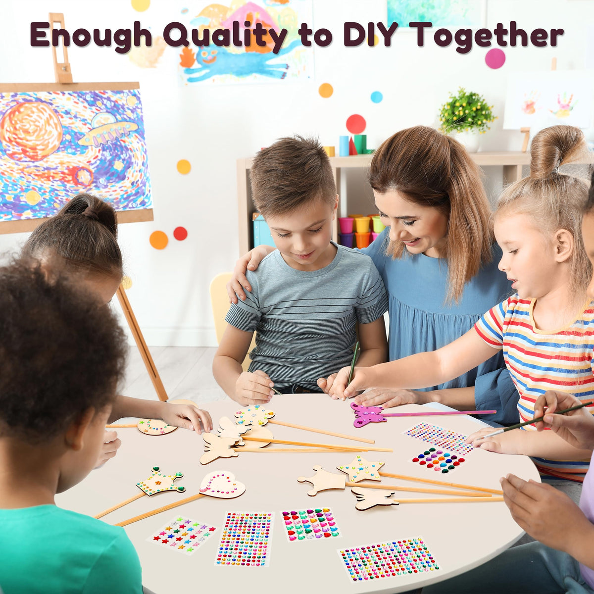 Pllieay Christmas wand decorating ideas with paints, glitter, and stickers.