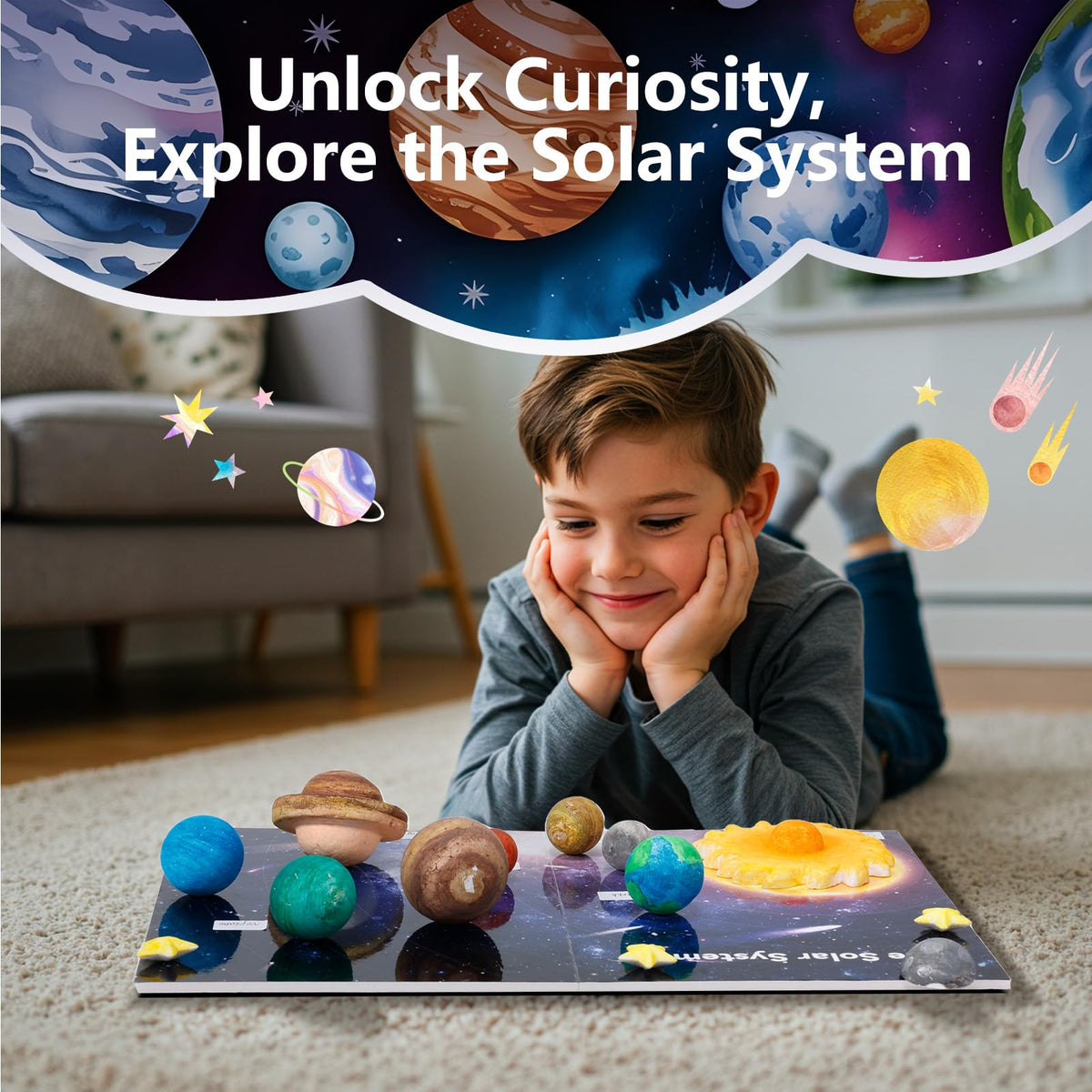 Pllieay foam-planets-17-balls provide tactile size cues for learning.