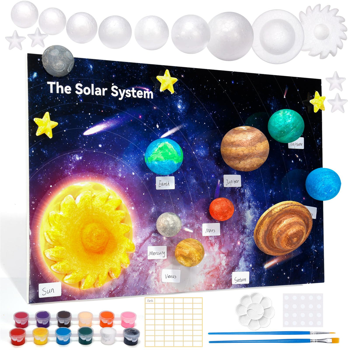 Pllieay solar-system-display-board oversized for interactive learning.