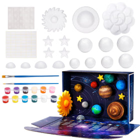 Pllieay solar system kit display box with starry backdrop for classroom display.