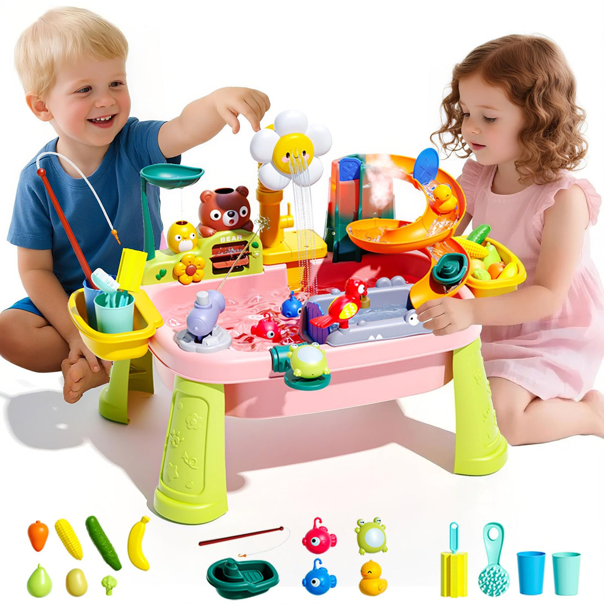 Ploomi 2026 pink 4-in-1 table front view for sand and water play.
