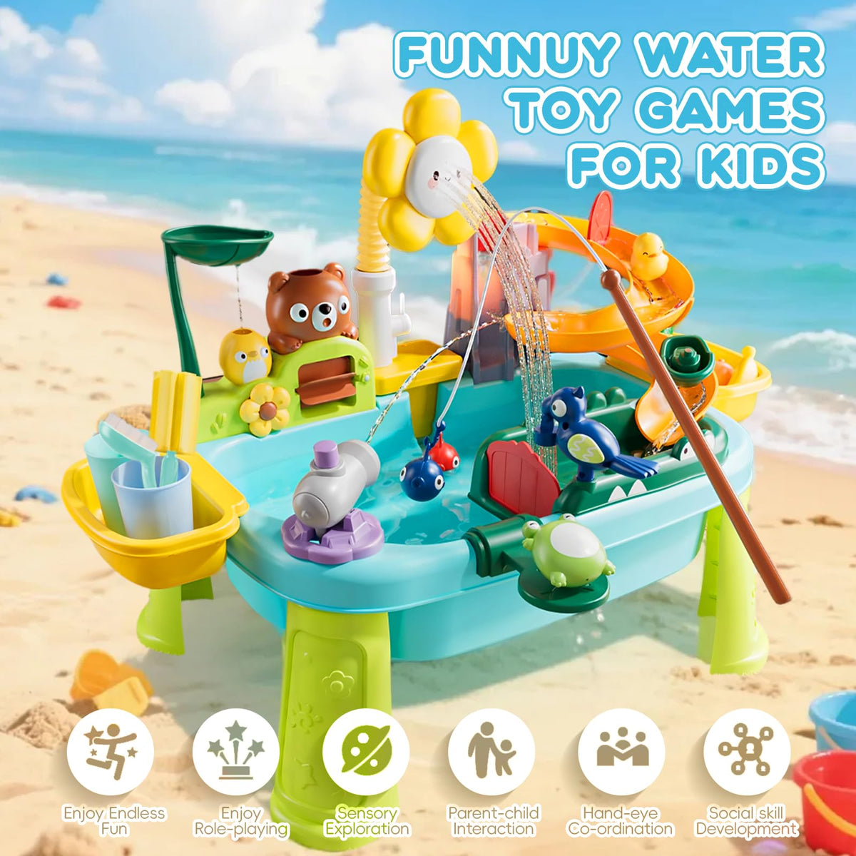 Ploomi fishing-tools included for friendly competitions and motor skill practice.