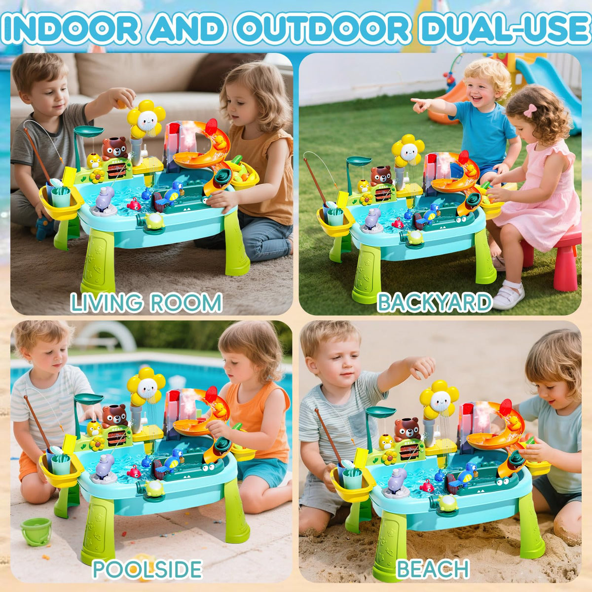Ploomi 4-in-1 play table supporting role play, water games, and washing tasks.