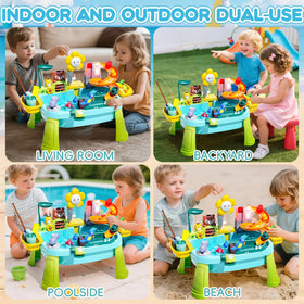 Ploomi 4-in-1 play table supporting role play, water games, and washing tasks.