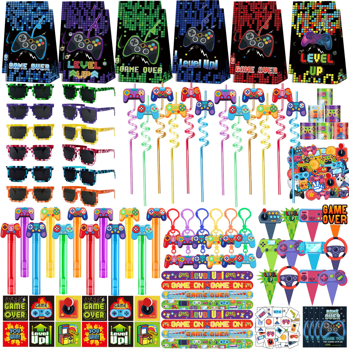 PLOUGVI 320PCS video game party kit creates a bold gaming party backdrop.