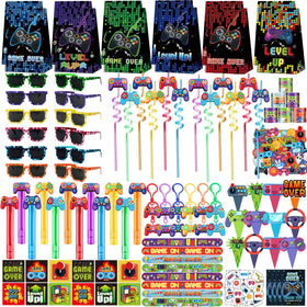 PLOUGVI 320PCS video game party kit creates a bold gaming party backdrop.