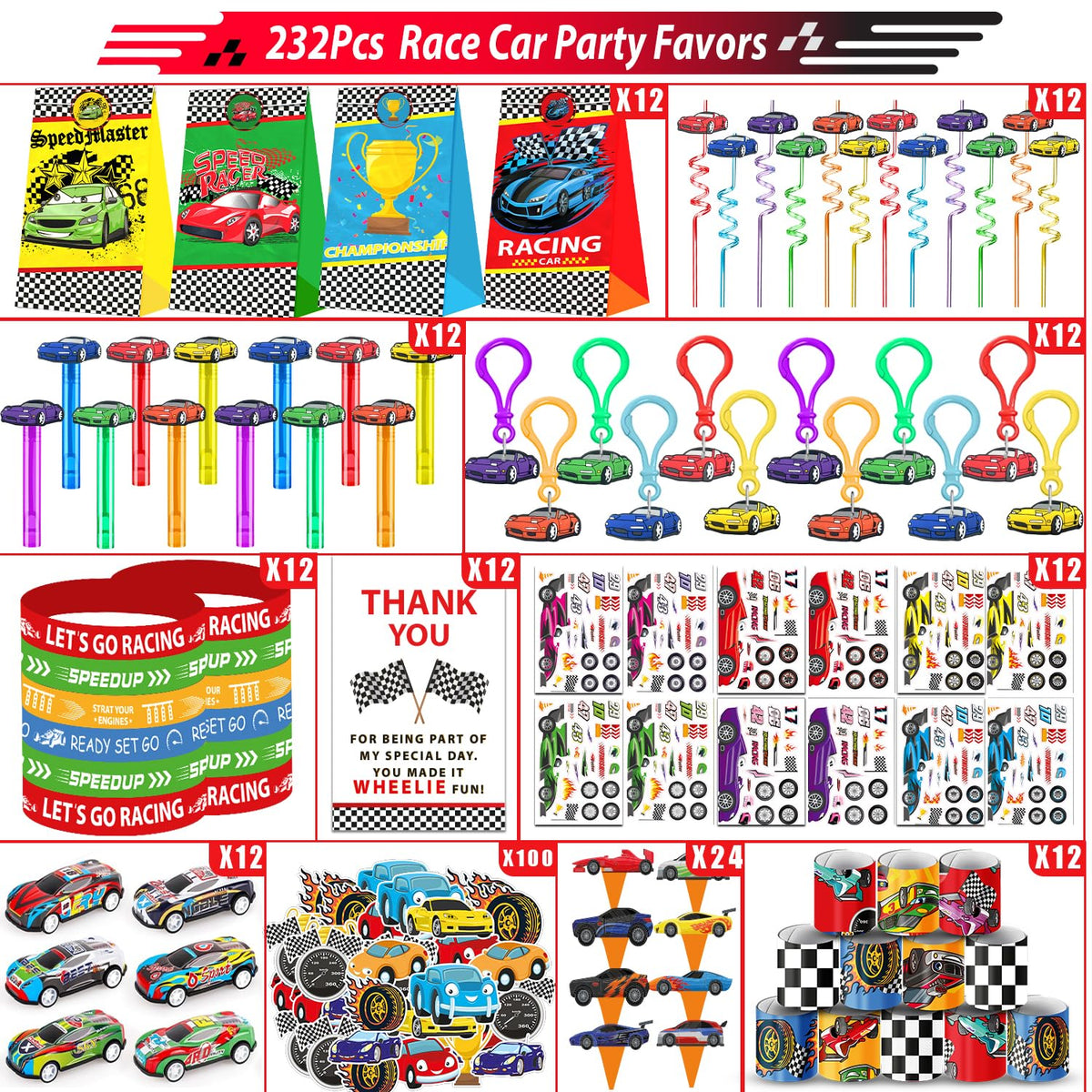 PLOUGVI race car bracelets provide wearable party flair for goody bags.