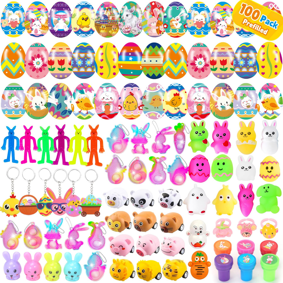 PLOUGVI Easter eggs 100-pack with built-in toys for exciting hunts.