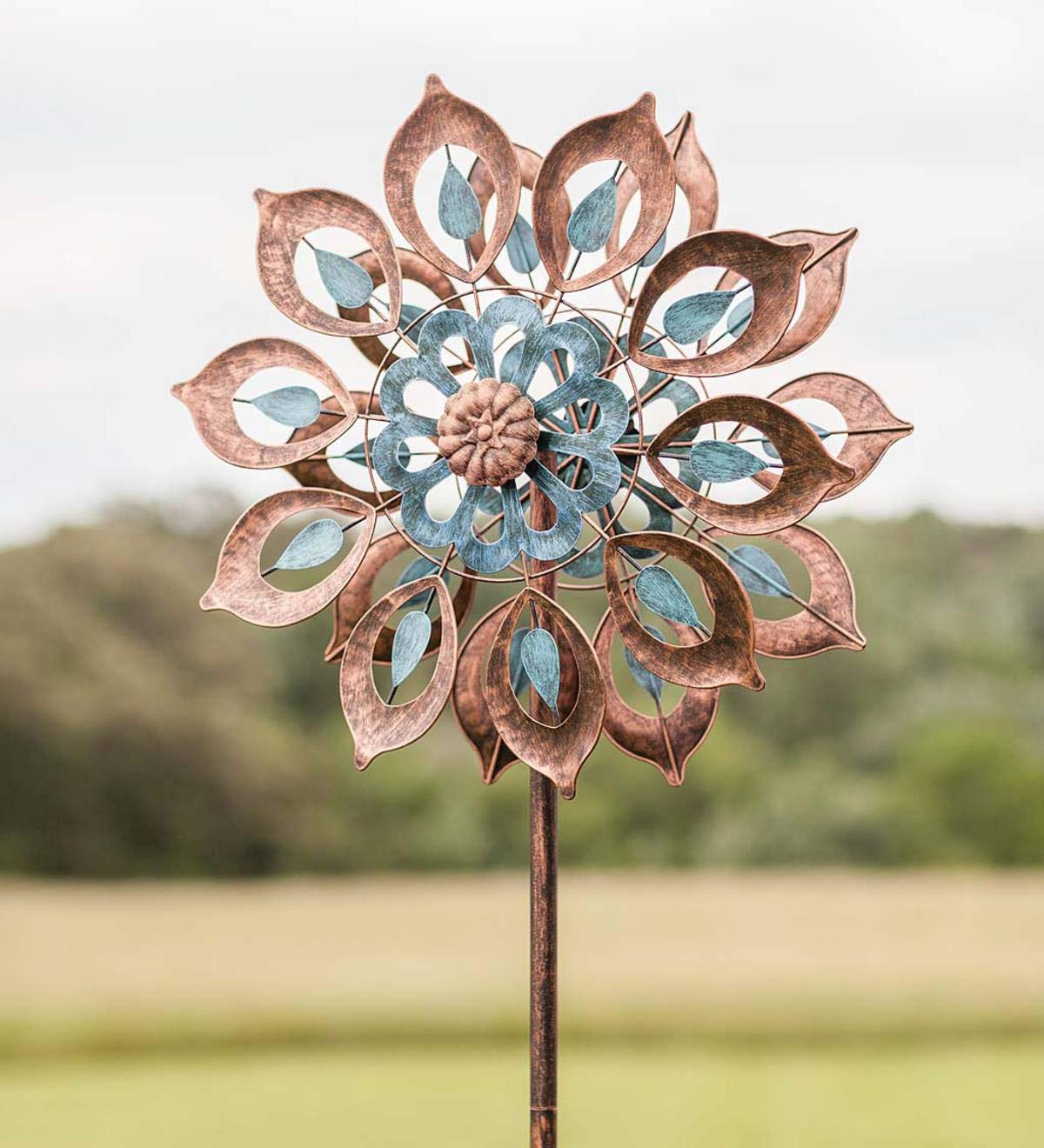 Plow & Hearth Copper Lily Wind Spinner, petal-in-petal design for vibrant outdoor display