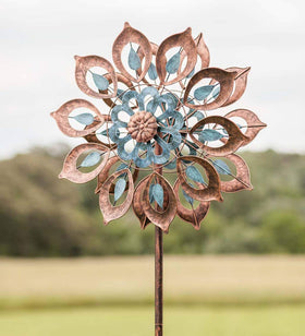 Plow & Hearth Copper Lily Wind Spinner, petal-in-petal design for vibrant outdoor display