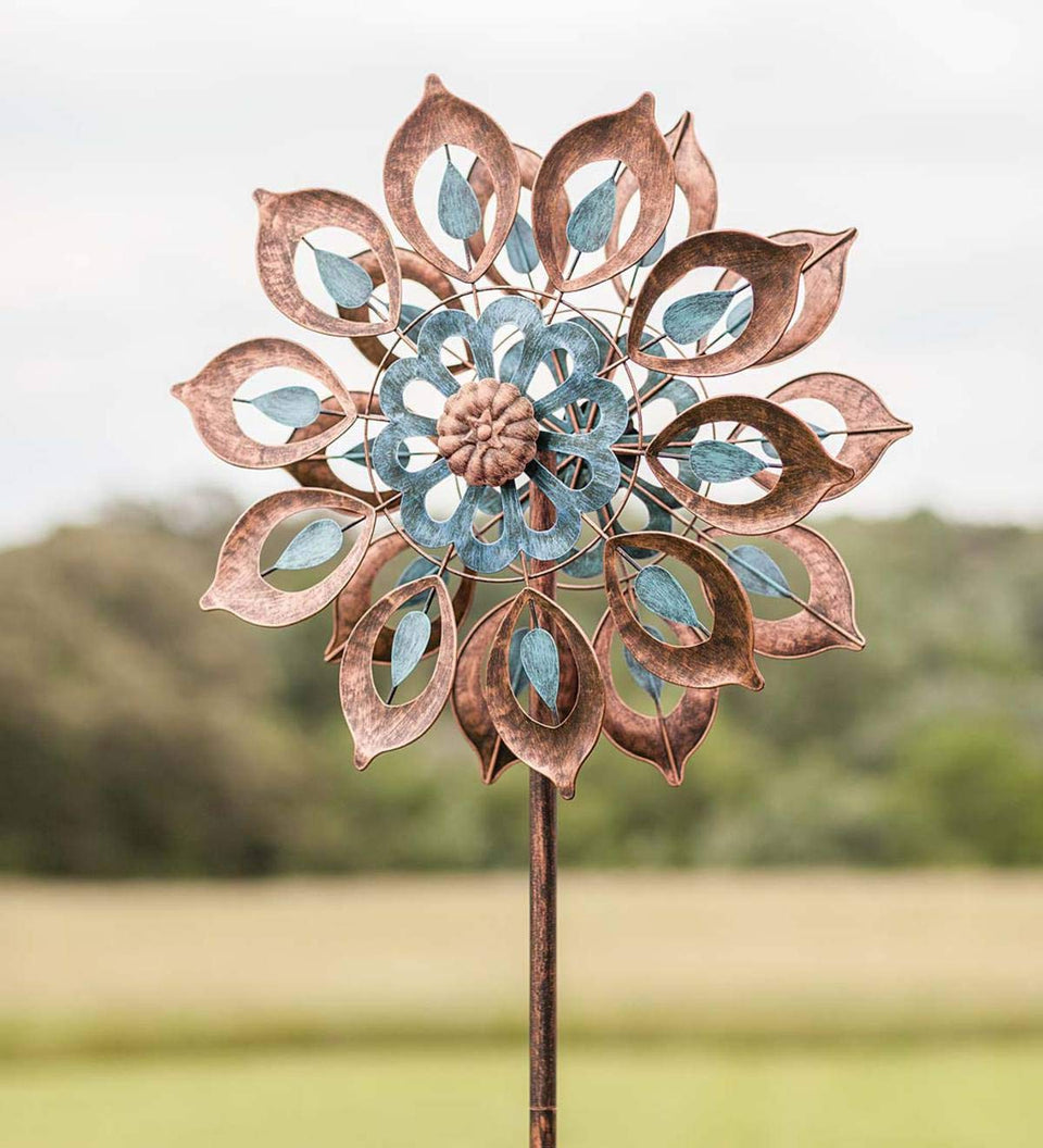 Plow & Hearth Copper Lily Wind Spinner, petal-in-petal design for vibrant outdoor display