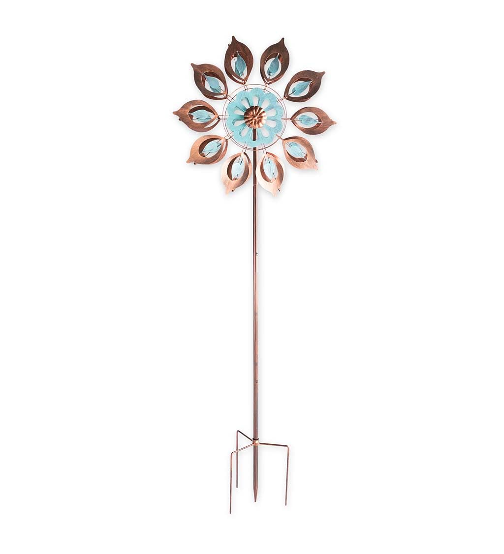 Plow & Hearth Copper Lily Wind Spinner shown at 75 inches tall on a sturdy stake
