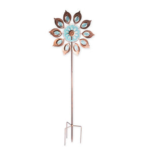 Plow & Hearth Copper Lily Wind Spinner shown at 75 inches tall on a sturdy stake