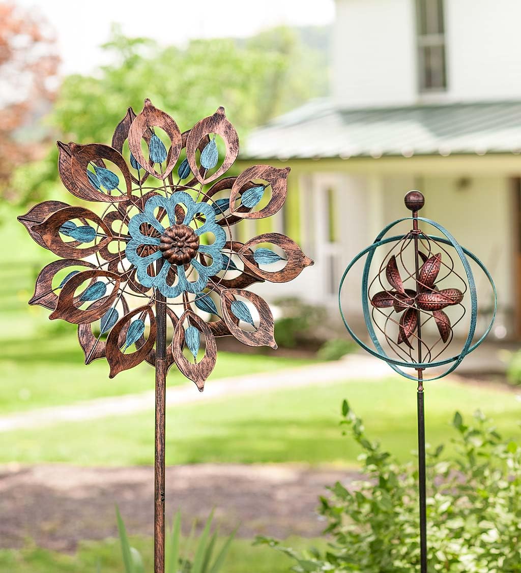 Plow & Hearth Wind Spinner featuring brushed copper and antique blue finishes for lasting color