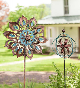 Plow & Hearth Wind Spinner featuring brushed copper and antique blue finishes for lasting color