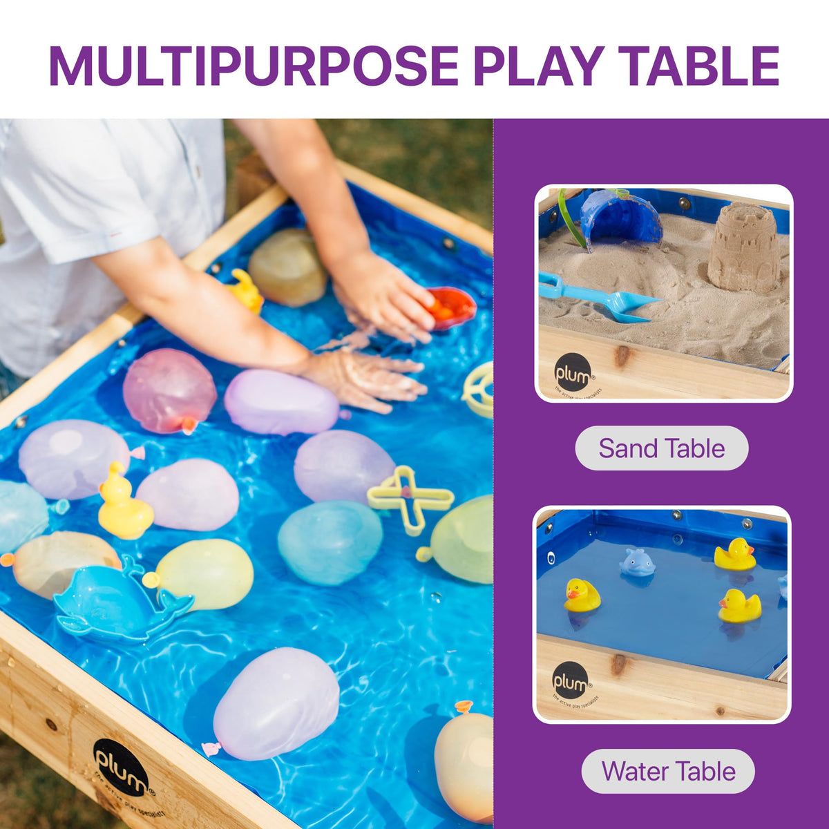 Plum sand-water table with kids playing together, encourages sharing.