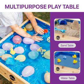 Plum sand-water table with kids playing together, encourages sharing.