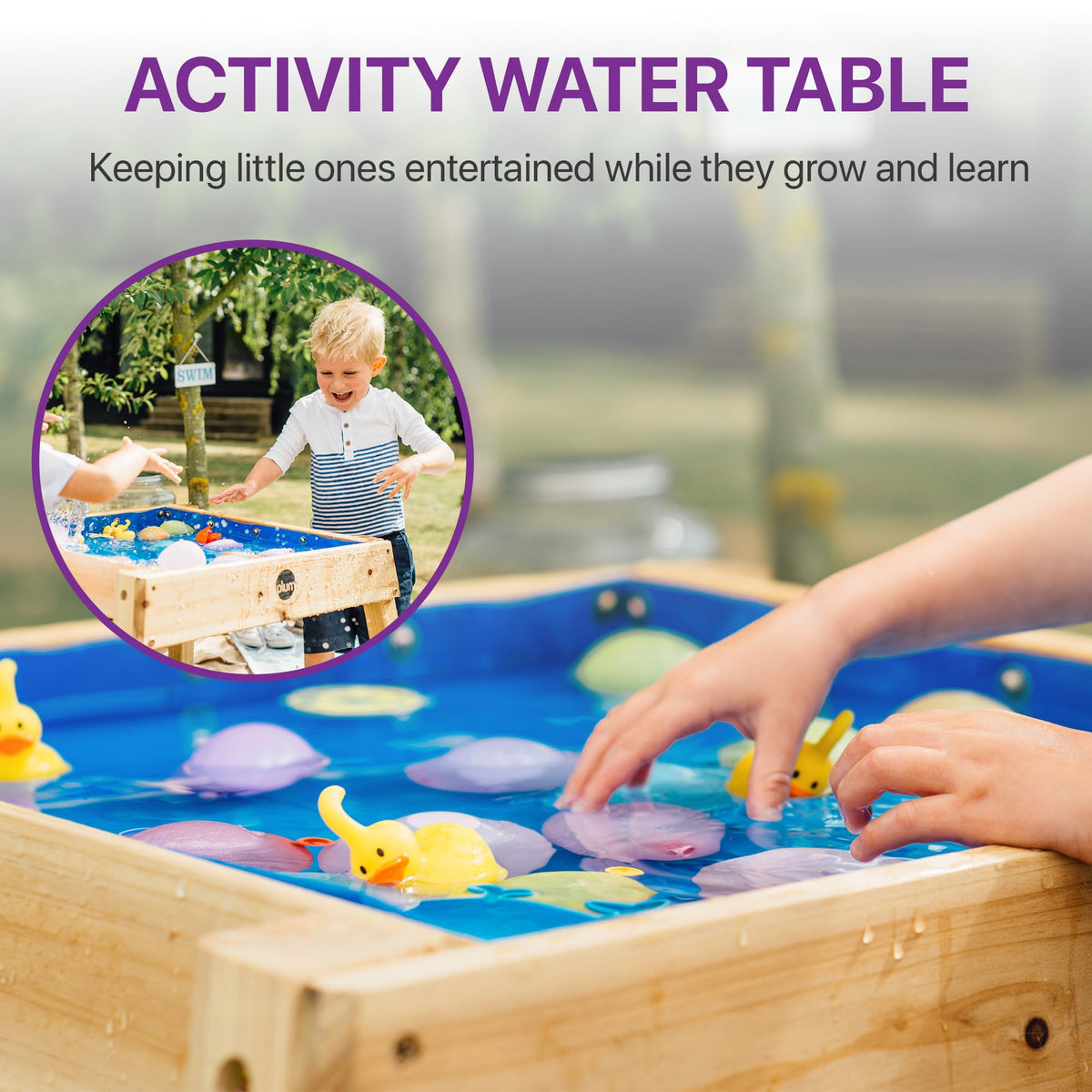 Plum watertight liner close-up, contains sand and water for mess-free fun.