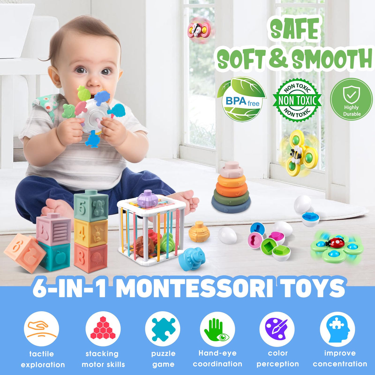 Plunack 6-in-1 toy set blocks and rings promote fine motor skills through stacking and sorting