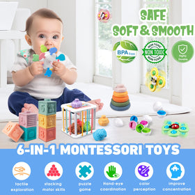 Plunack 6-in-1 toy set blocks and rings promote fine motor skills through stacking and sorting