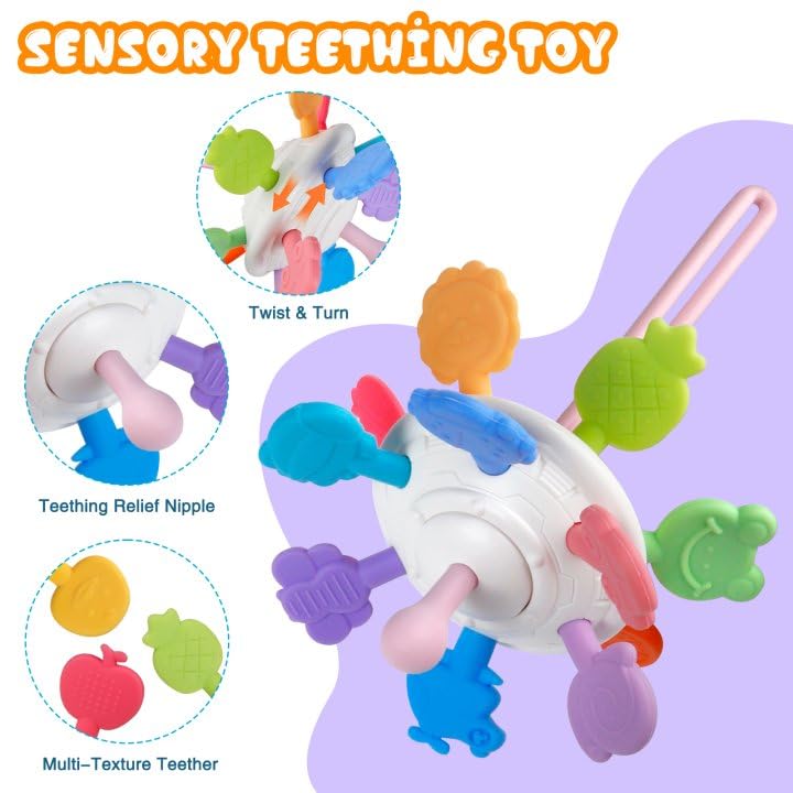 Plunack pull-string toy offers varied textures and a chew option for on-the-go play.