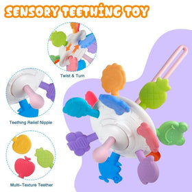 Plunack pull-string toy offers varied textures and a chew option for on-the-go play.
