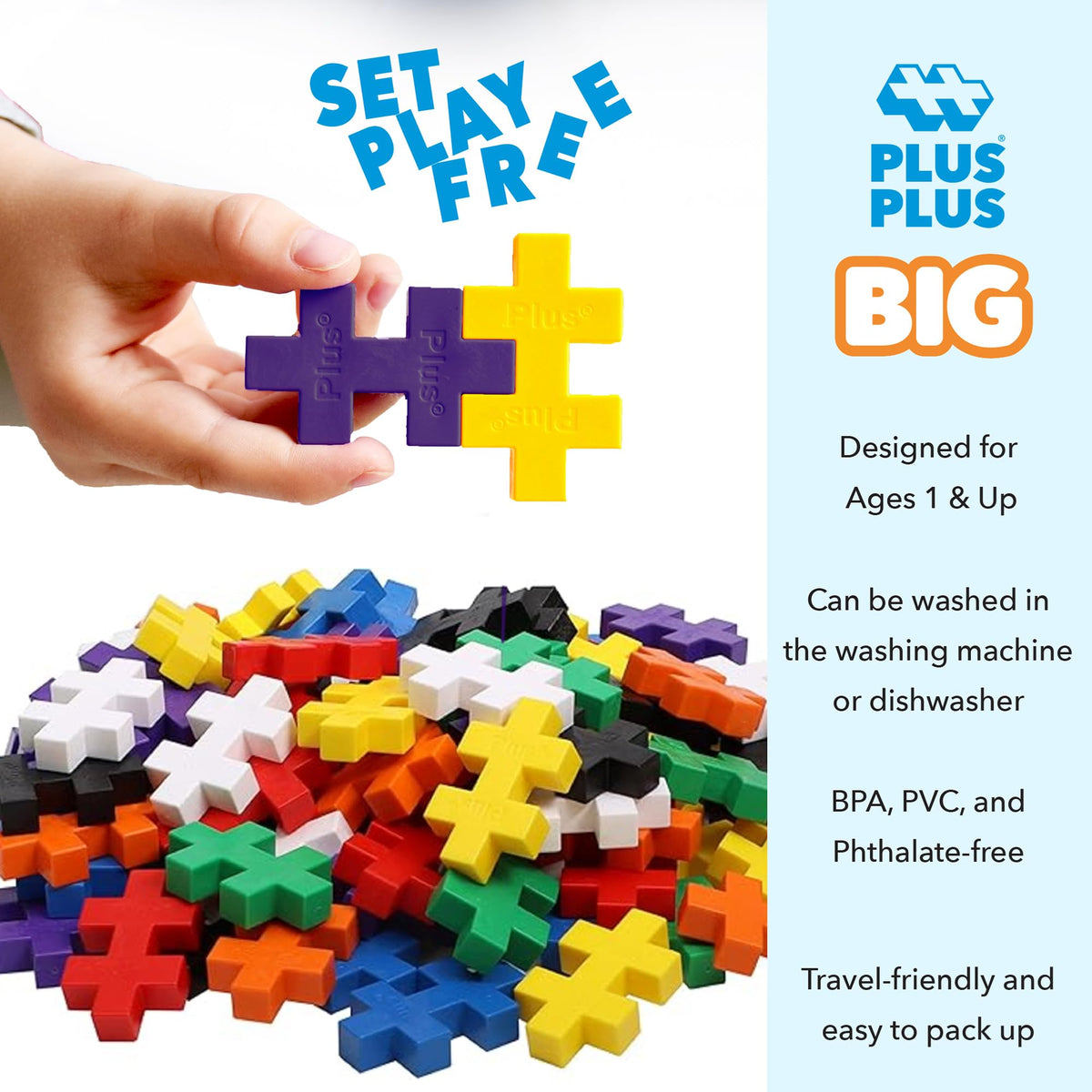 Piles of Plus Plus Big pieces sorted by color and size for easy access.